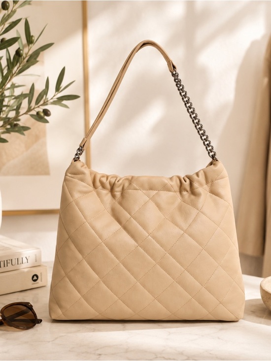 INC International Concepts Handbags - INC International Concepts Tan Quilted Chain Shoulder Bag Hobo Tote